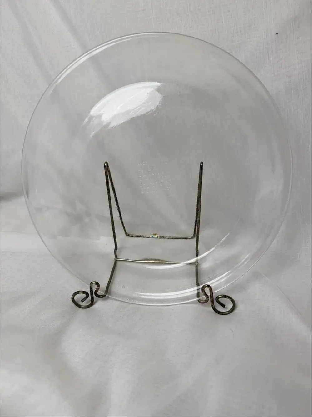 Pyrex Clear Glass Display Plate with Brass-Toned Metal Stand